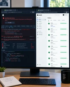 Shopify pre-launch checkout QA test order verification and developer console logs.