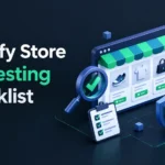 Shopify store QA testing checklist banner with 3D storefront wireframe