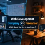 Split-screen graphic comparing a web development team vs. a freelancer